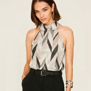 Trina Turk Geometric Chevron Silver Metallic Mock Neck Sleeveless Top XS $248